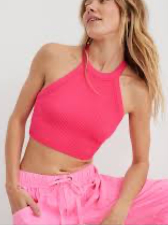 aerie Tops - Aerie Neon Pink/Coral Ribbed Halter Crop Top